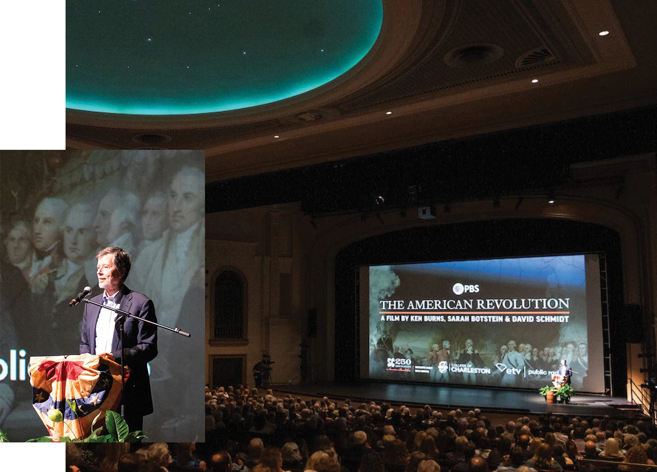 Filmmaker Ken Burns speaks at a podium onstage in a large theater during the premiere screening of the PBS film The American Revolution, projected on a large screen behind him. The audience fills the auditorium, and the ceiling above glows with a soft teal light resembling a night sky.