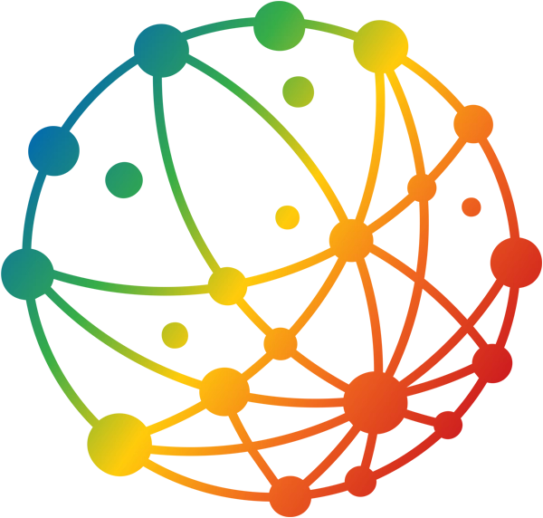 A stylized globe made of interconnected dots and lines, with a color gradient from blue-green to orange-red.