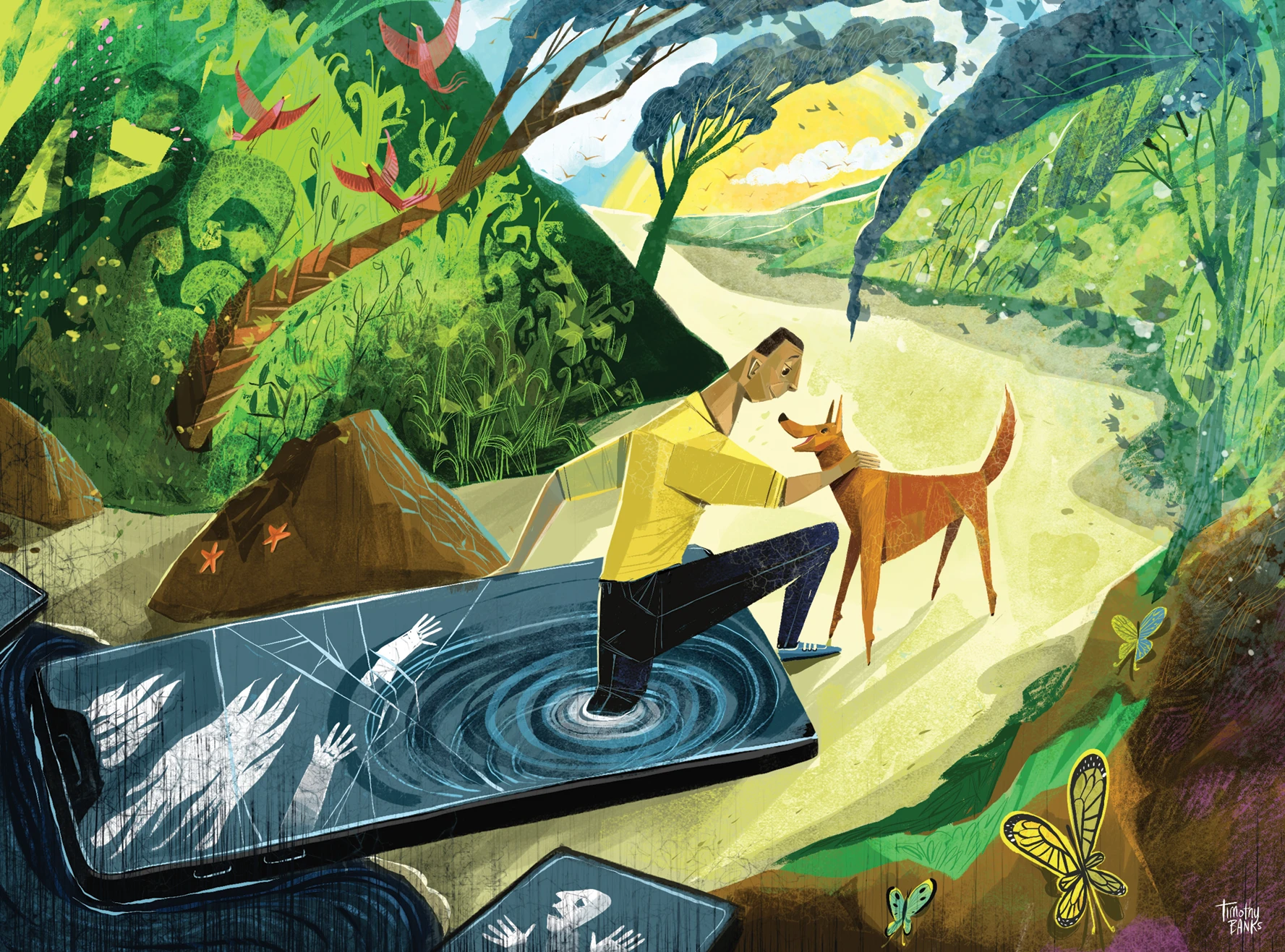 Colorful illustration of a man stepping out of a broken smartphone screen into a vibrant natural landscape, where he kneels to pet a happy dog. Dark storm clouds and ghostly figures are depicted inside the phone, contrasting with the sunlit forest filled with butterflies, birds, and greenery. The scene symbolizes leaving digital distress behind to reconnect with nature and companionship.