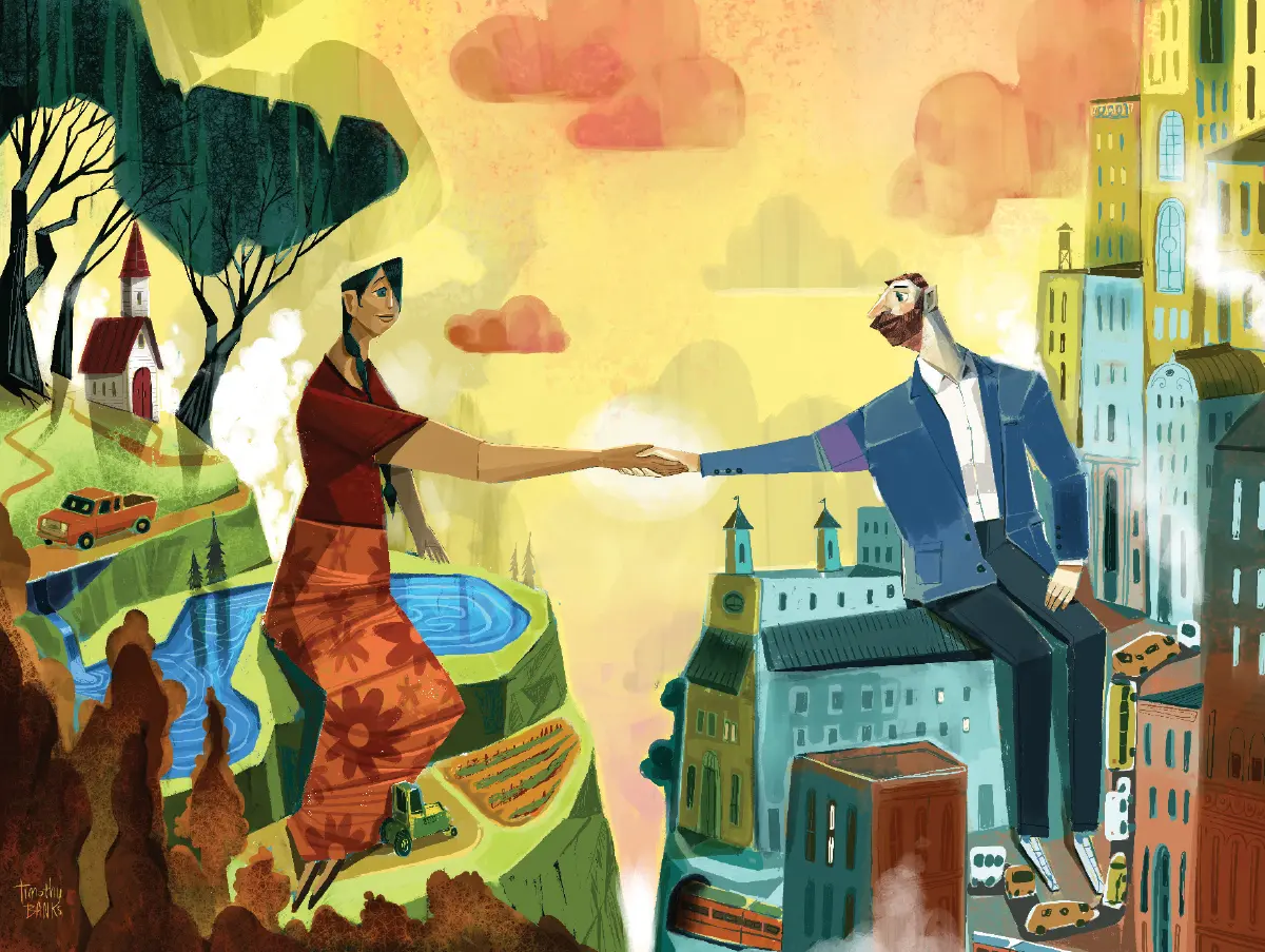 A colorful, stylized illustration of a woman in rural attire sitting on a green cliff and shaking hands with a man in a blue suit sitting on a cityscape of buildings; The scene represents a bridge between rural and urban life under a bright yellow sun