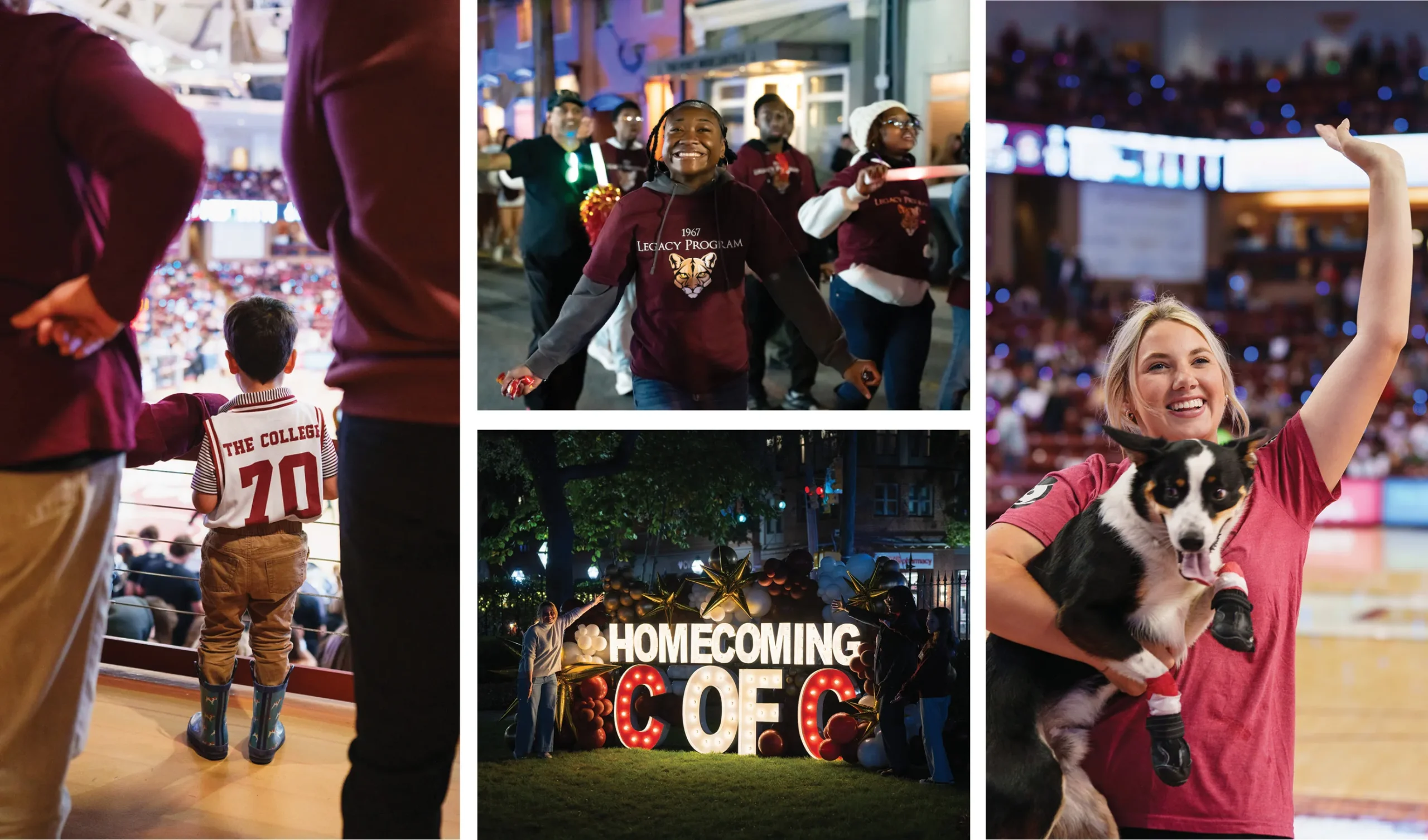 A collage of homecoming moments shows a child wearing a maroon jersey watching a basketball game from a balcony, a student smiling while walking in a nighttime parade, a “Homecoming CofC” illuminated sign outdoors, and a woman holding a dog and waving inside a packed basketball arena.