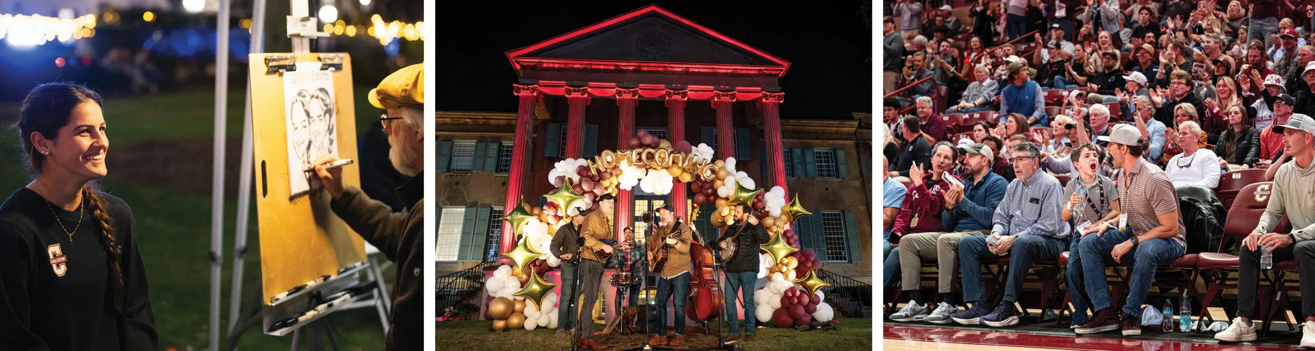 collage highlights homecoming activities including an artist sketching a portrait at an outdoor evening event, a live band performing beneath a balloon arch in front of a campus building lit at night, and fans cheering courtside during a basketball game.