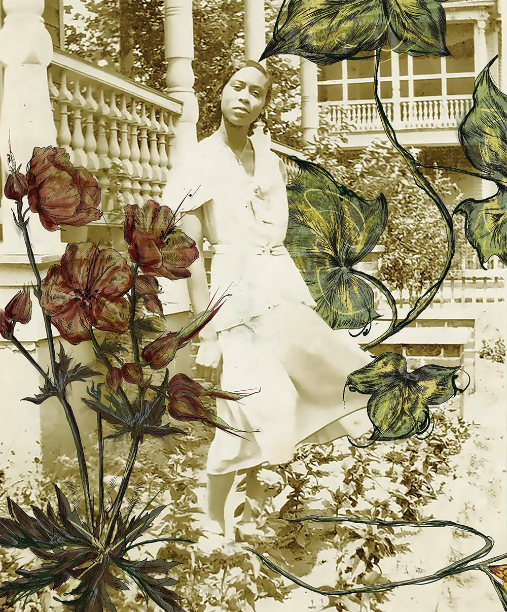 Vintage-style photograph of a woman standing outdoors near a columned porch, layered with illustrated flowers and leaves that add a decorative, archival collage effect.