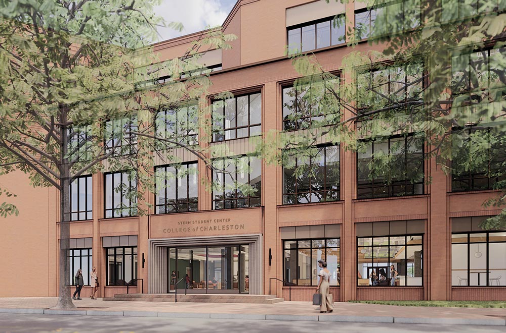 An architectural rendering of the Stern Student Center exterior. The brick building has large windows across multiple floors. Above the glass entrance doors, text reads: “STERN STUDENT CENTER COLLEGE OF CHARLESTON.” Rendered figures walk in the foreground.