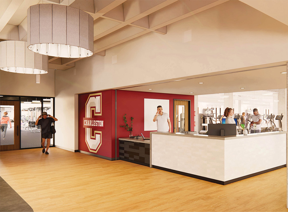 Architectural rendering of a gym reception. A man speaks on the phone at a white counter. A maroon wall has a large “C” logo with “CHARLESTON” text. People use exercise equipment in the background. Large pendant lights are overhead.
