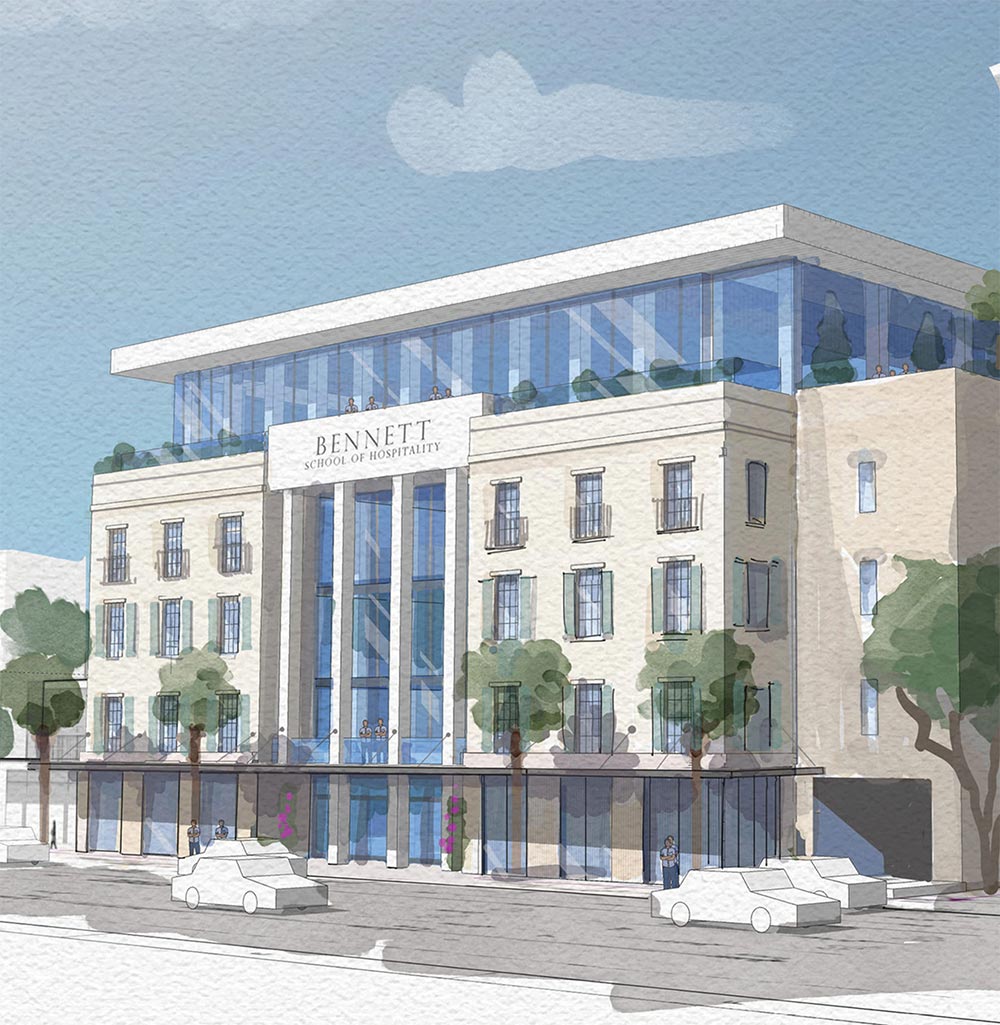 Watercolor rendering of the 159 Calhoun St. Development. The multi-story building has a sign reading “BENNETT SCHOOL OF HOSPITALITY.” It features light stone walls, blue glass panels, and a glass top floor terrace above sketched cars.