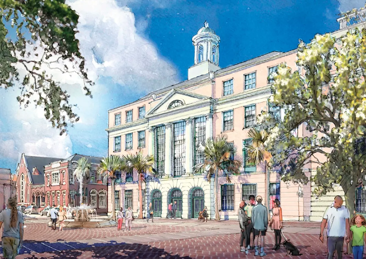 Watercolor rendering of the new business school building. The peach-colored classical building features a white cupola, large columns, and arched doors. Palm trees, a fountain, and pedestrians line the brick plaza in front.