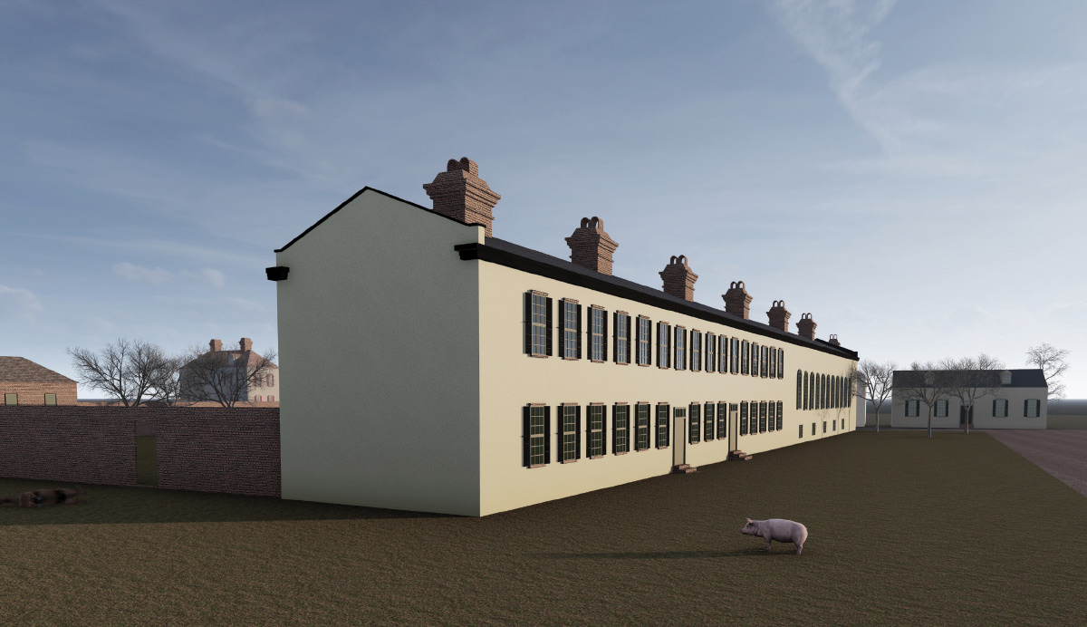 A 3D digital model showing a long historic two-story building with multiple chimneys, surrounded by a brick wall and a small pig.