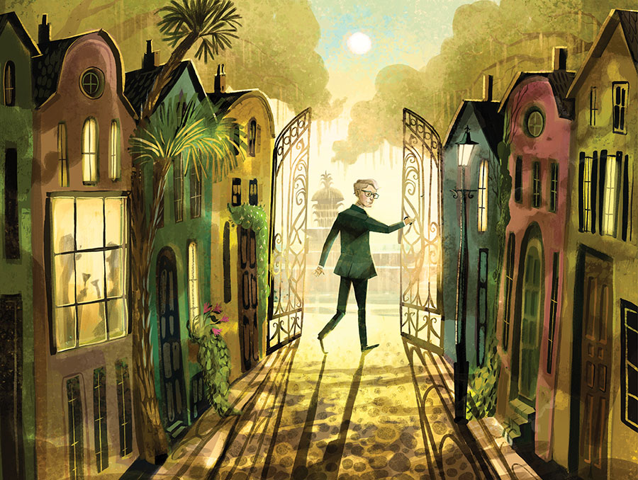 An illustration of a man in a suit walking through large, open iron gates on a cobblestone street lined with colorful houses.